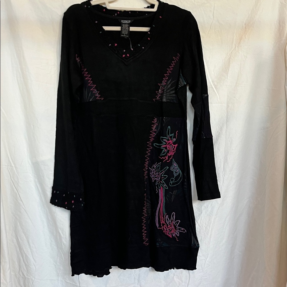 😻5for$15😻Moka Sport VintagevBlack Embroidered Long-Sleeve Dress NWT L